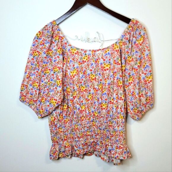 LOFT Floral Garden Smocked Waist Peasant Top Square Neck Size Medium - Picture 6 of 9